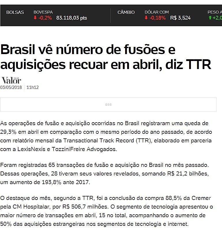 Brasil v nmero de fuses e aquisies recuar em abril, diz TTR